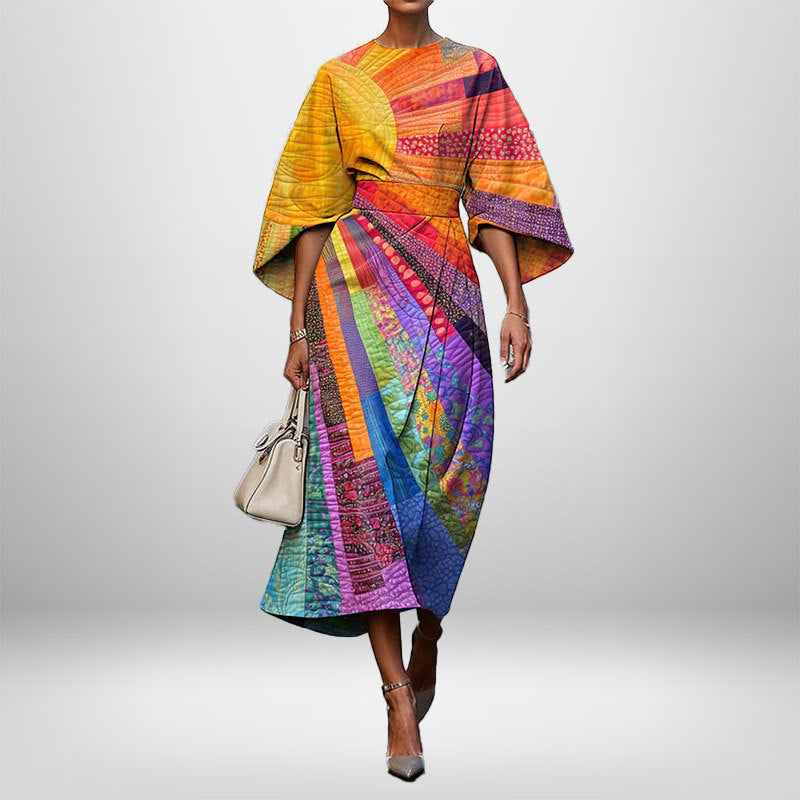 Women's Elegant Fashion Print Round Neck Long Dress 