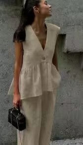 Womens Cotton V-Neck Sleeveless Vest And Wide-Leg Pants Set 