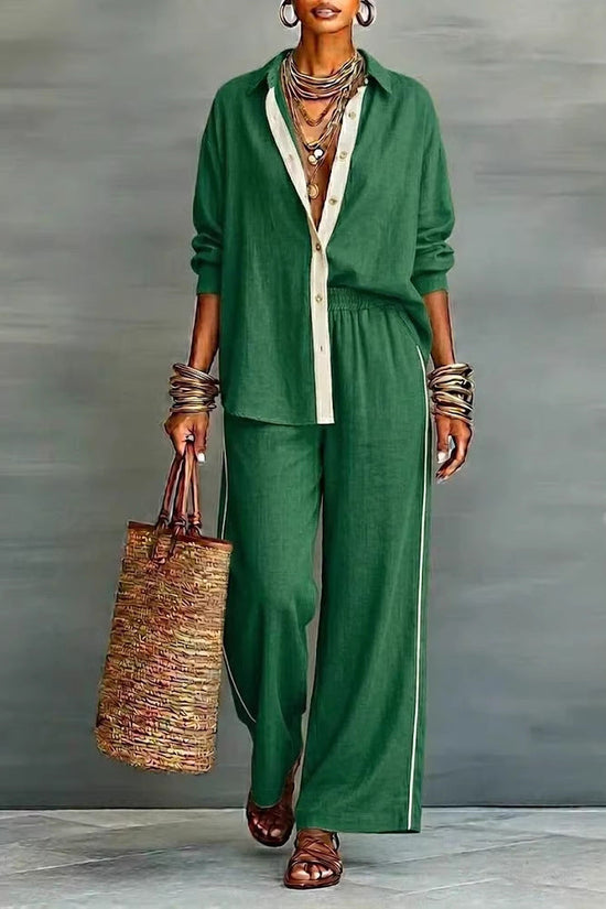 Contrast-color Casual Solid-color Loose Pants Two-piece Set 