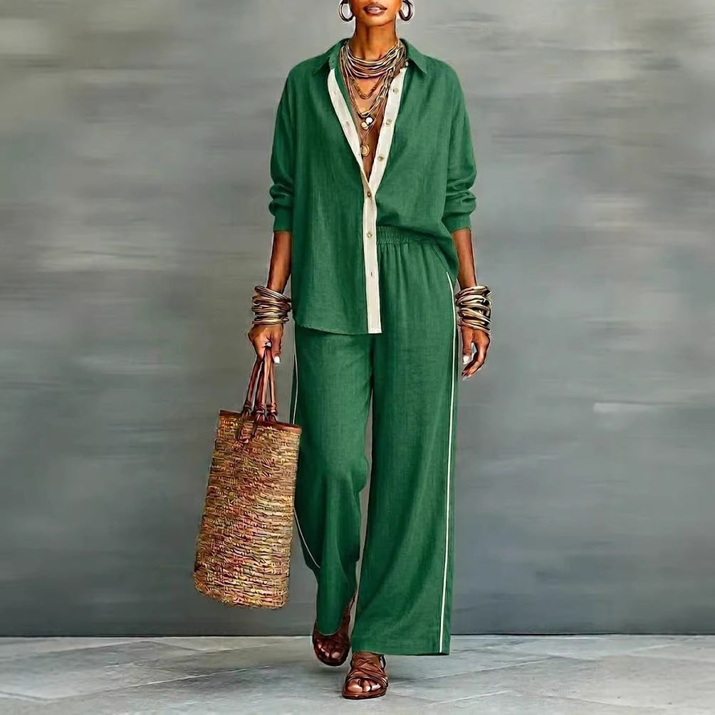 Contrast-color Casual Solid-color Loose Pants Two-piece Set 