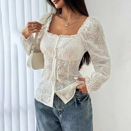 Women's Square Neck Puff Sleeve Eyelet Lace Hollow Out Button Top Blouse 