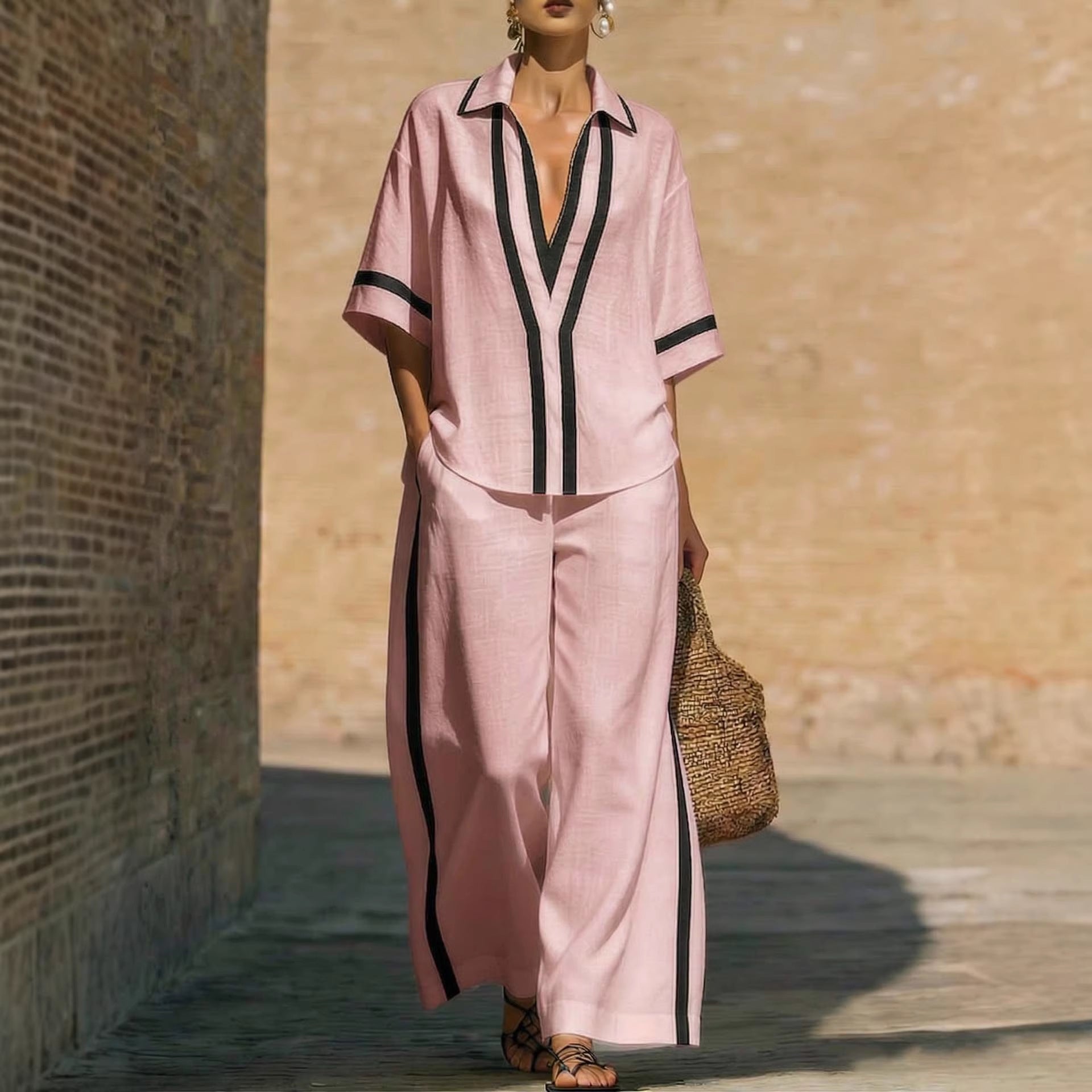 Fashionable Loose Casual Color-Block Short-Sleeve Shirt And Wide-Leg Pants Two-Piece Set 