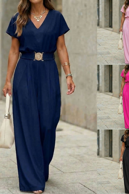 Womens V-neck Solid-color Short-sleeve Long-pants Belted Jumpsuit 