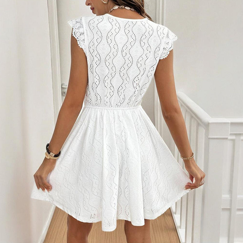 Women's V-Neck Solid Color Short Sleeve Dress With Lace Trim - Summer Sexy Vacation Dress CJ US