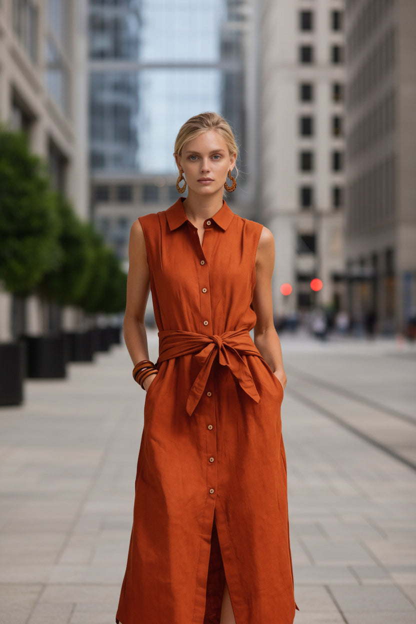 Casual Cotton-Linen Bag-Style Solid-Colored Sleeveless Dress 