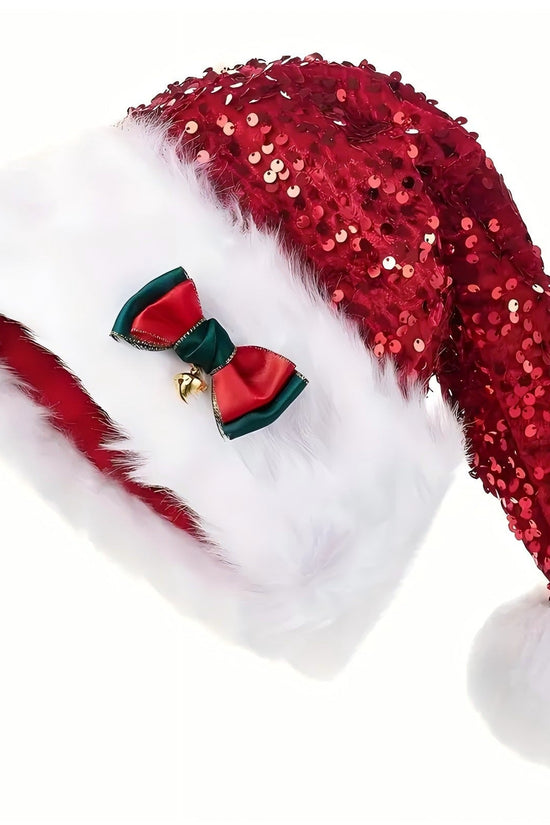 Christmas Hat Red Paillette Bowknot Plush Decorative Hat CJ