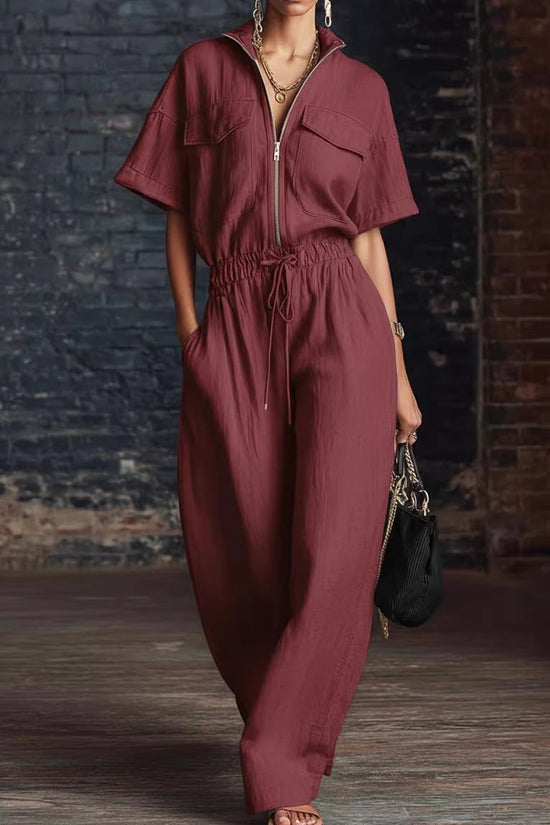 Stand-up Collar Sleeveless Casual Loose-fit Cotton-linen Jumpsuit 