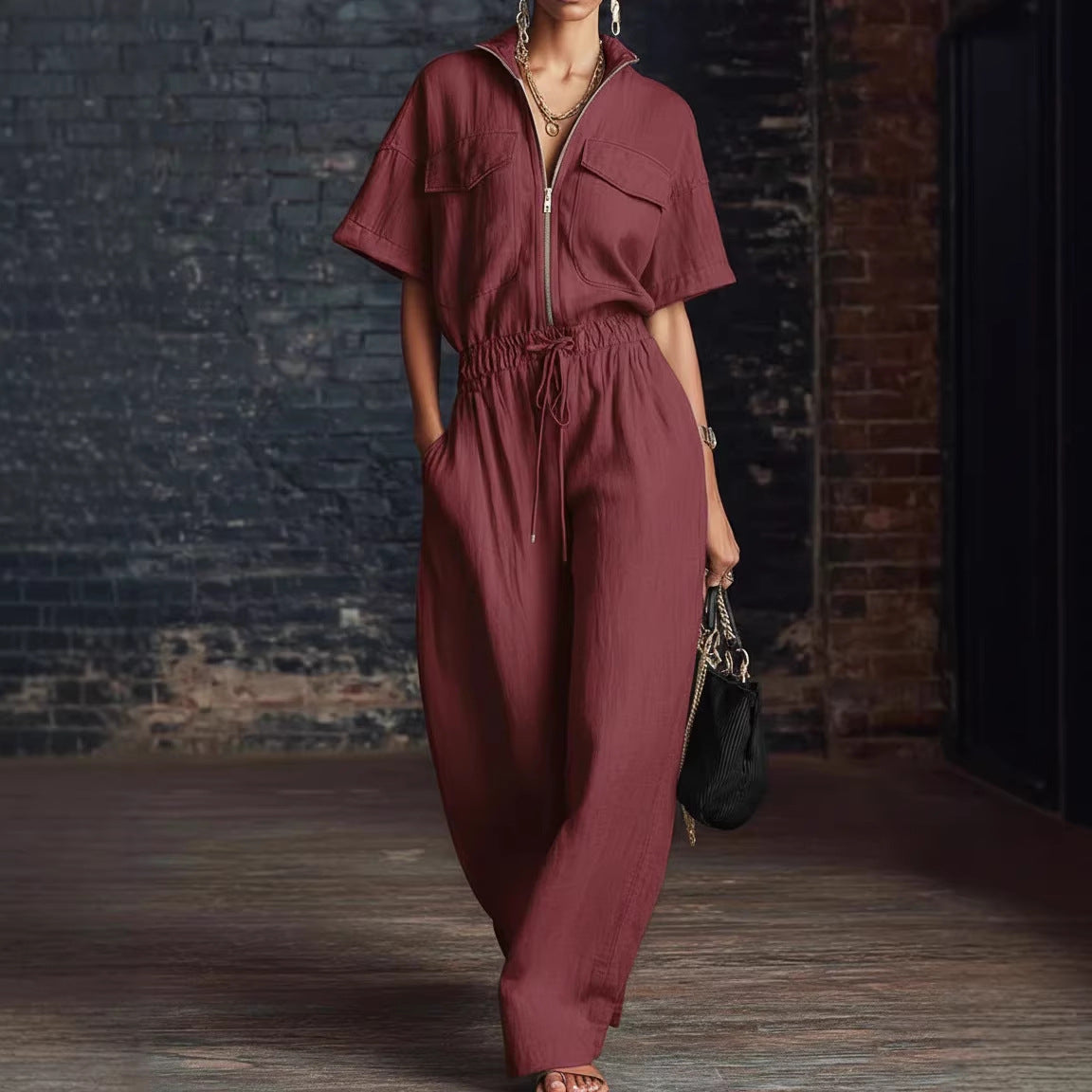 Stand-up Collar Sleeveless Casual Loose-fit Cotton-linen Jumpsuit 