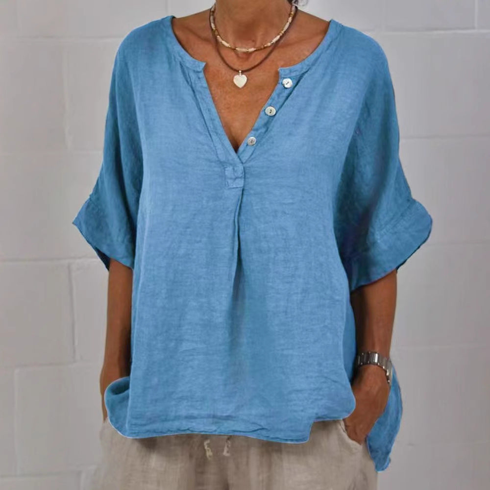 Cotton-linen Solid-color Door-cuff V-neck Button-up Shirt 