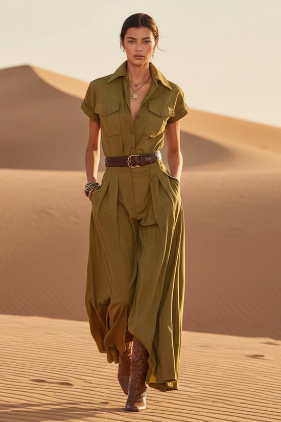 Short-sleeve Shirt-style Long Dress With Pockets 