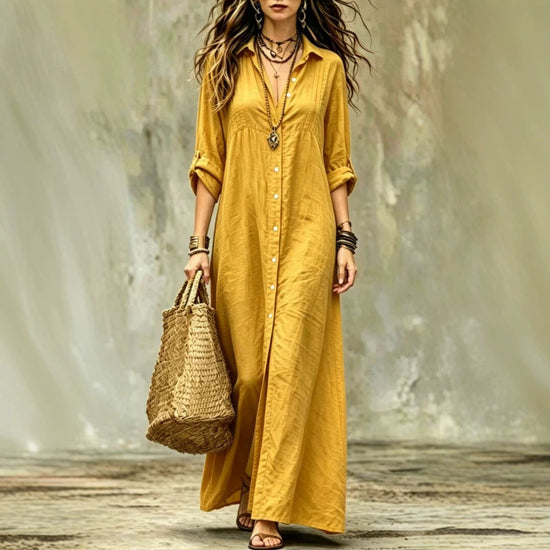 Shirt-collar Floor-length Casual Simple Long Dress 