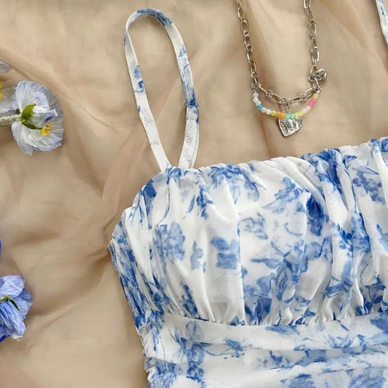 Boho Floral Spaghetti Strap Mini Dress – Ruched Ruffle Hem Vacation Sundress CJ