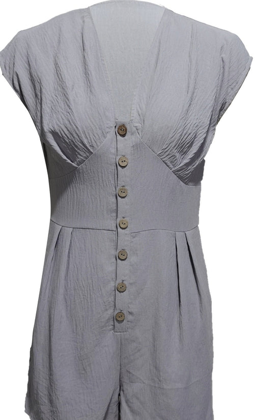 Women’s Short Button Front Jumpsuit – V-Neck Patchwork Romper CJ US