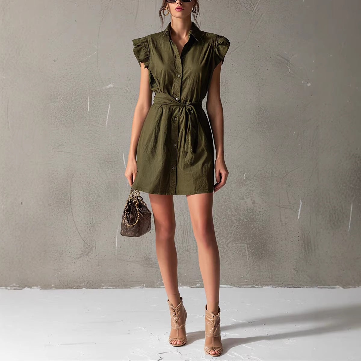 Dropped-shoulder Sleeve Polo-neck Lace-up Dress 