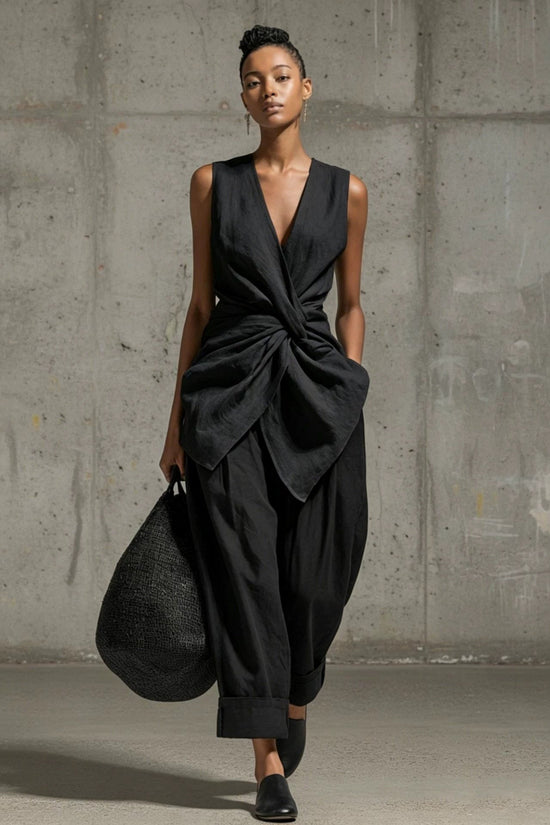 Waist-cinching Tie-front V-neck Sleeveless Top Wide-leg Pantsuit 