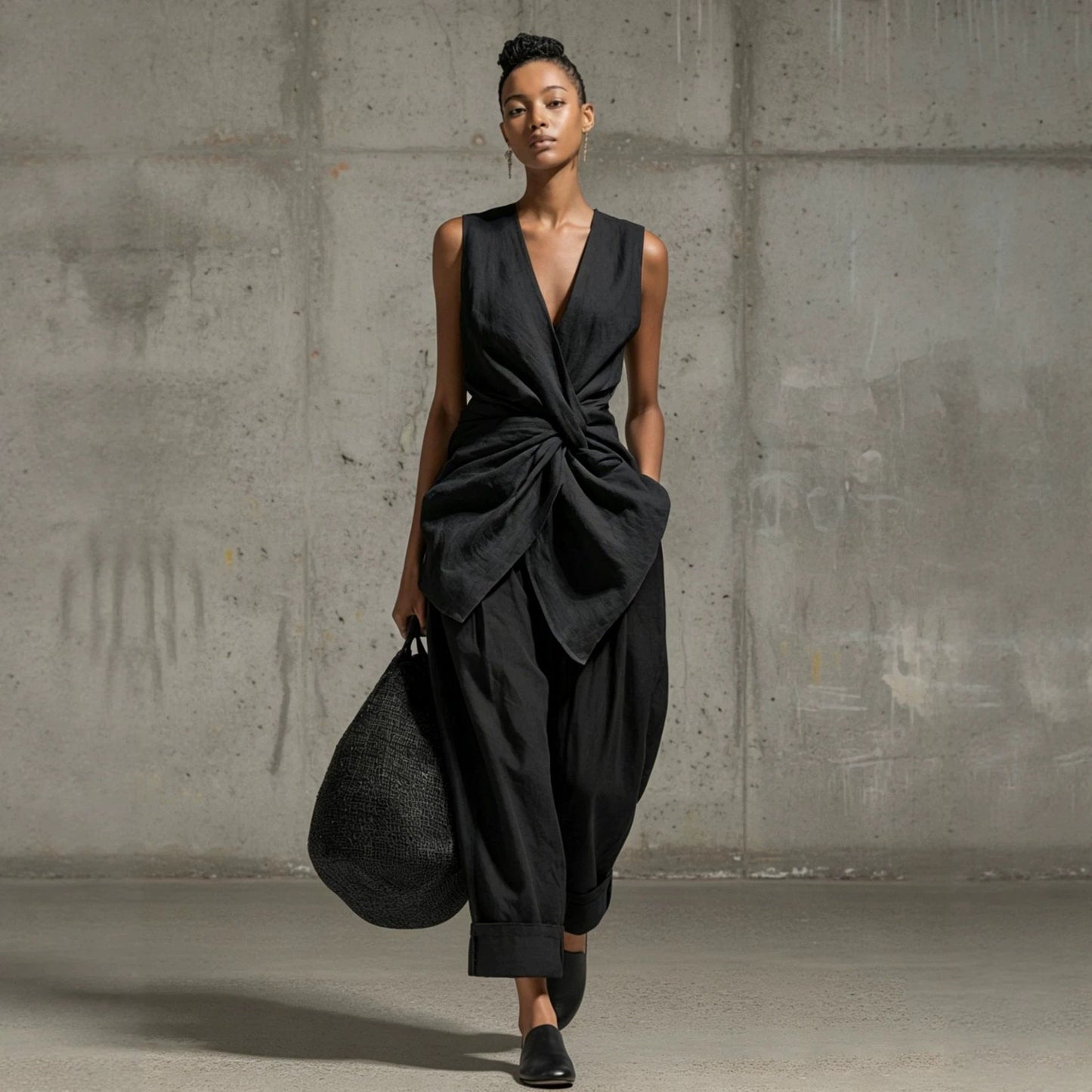 Waist-cinching Tie-front V-neck Sleeveless Top Wide-leg Pantsuit 