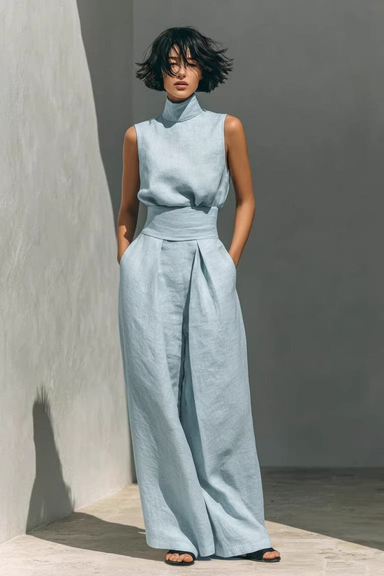 Womens Cotton-Linen Blend Sleeveless Top And Wide-Leg Pants Set 