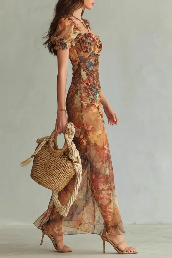 V-neck waist cinched ruffle edge dress 