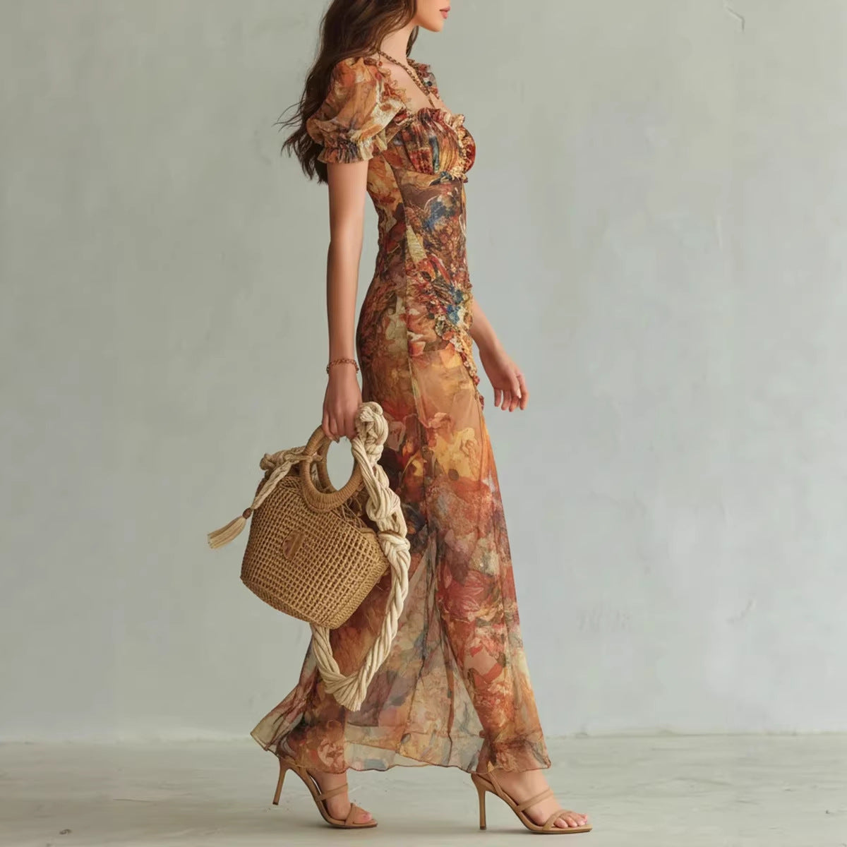 V-neck waist cinched ruffle edge dress 