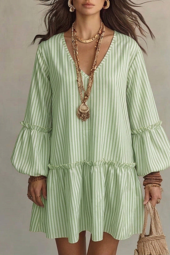 Style Autumn New Women's Long Sleeve Dress Stripe Print V-Neck Lantern Sleeve Loose Mini Dress 