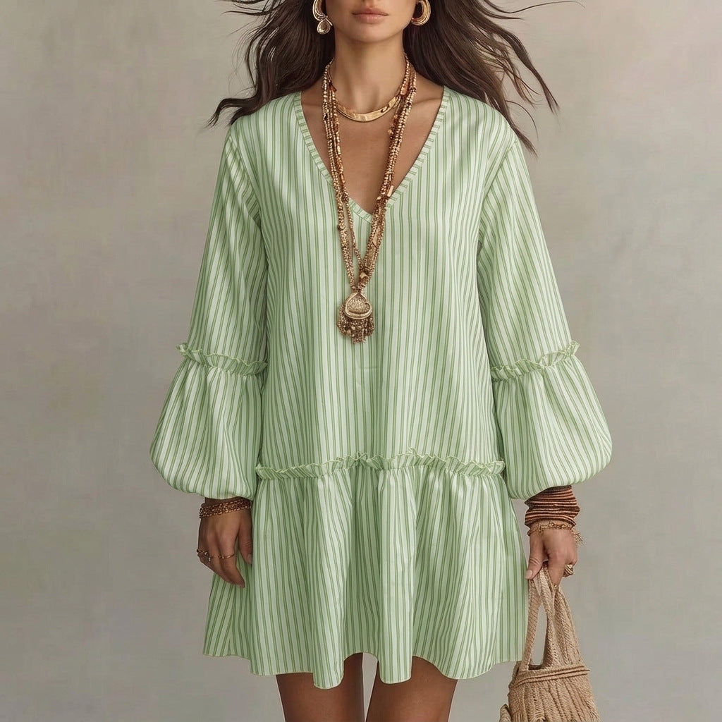 Style Autumn New Women's Long Sleeve Dress Stripe Print V-Neck Lantern Sleeve Loose Mini Dress 