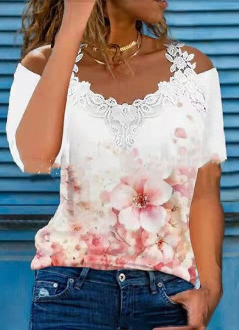 🦋 Vibrant Butterfly Lace Off-Shoulder V-Neck Tee 