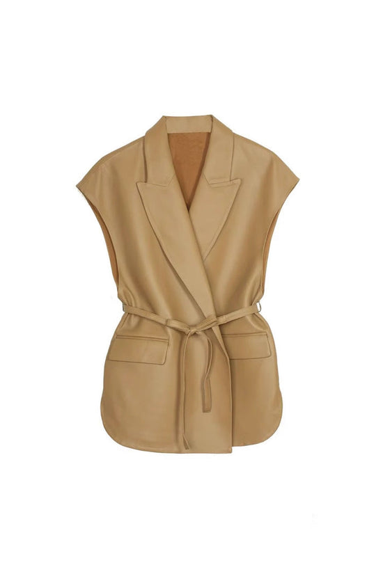 Sleeveless PU leather vest women's suit collar belt vest jacket 