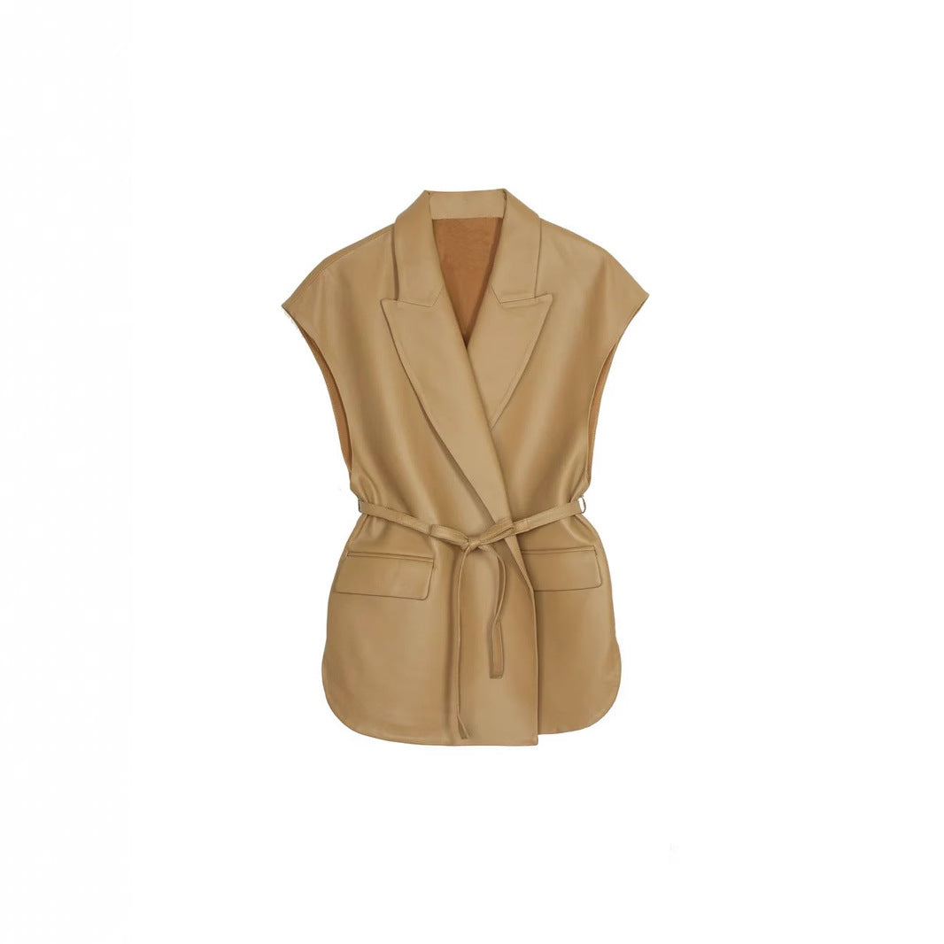 Sleeveless PU leather vest women's suit collar belt vest jacket 