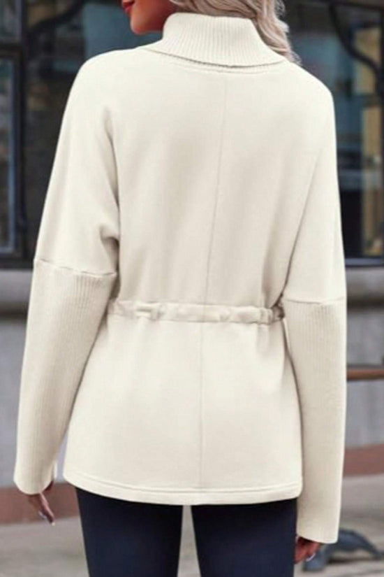 Fisoew Women's Turtleneck Sweatshirts Fleece Drawstring Waist Casual Long Sleeve Pullover Sweater Side Slit Tunic Tops CJ US
