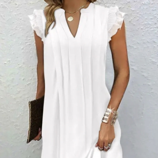 Ladies' Solid Color Fashionable New Style Notch V-neck Hanging Pleated Petal Sleeve Wedding Season Simple And Elegant Long Dress CJ US