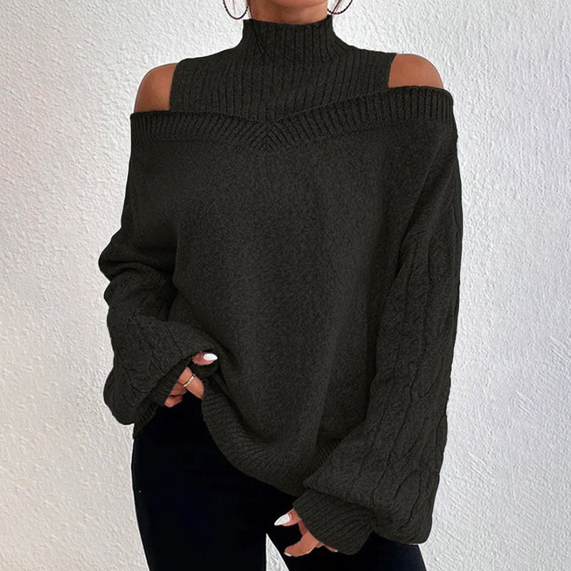 Women's Cold Shoulder Sweater - Sexy High Neck Cut Out Pullover Long Sleeve Top 