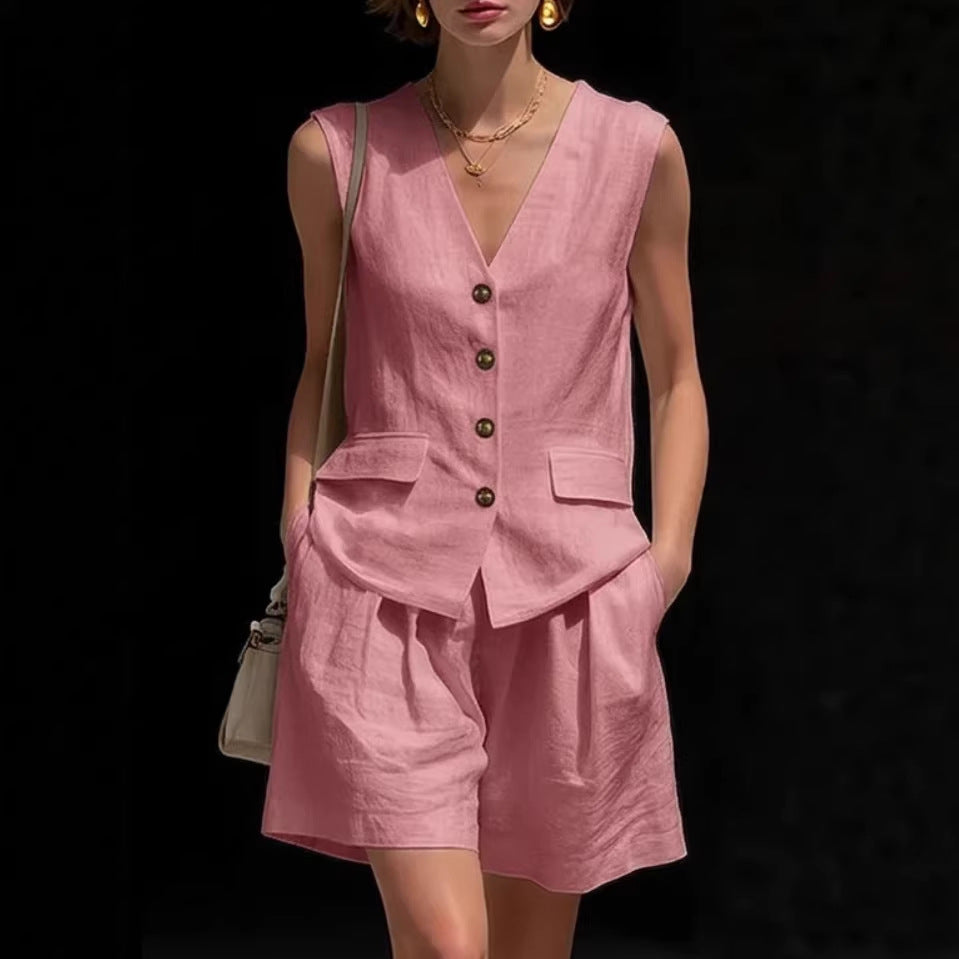 Womens Simple Elegant Cotton-Linen Vest Top And Shorts Two-Piece Set 