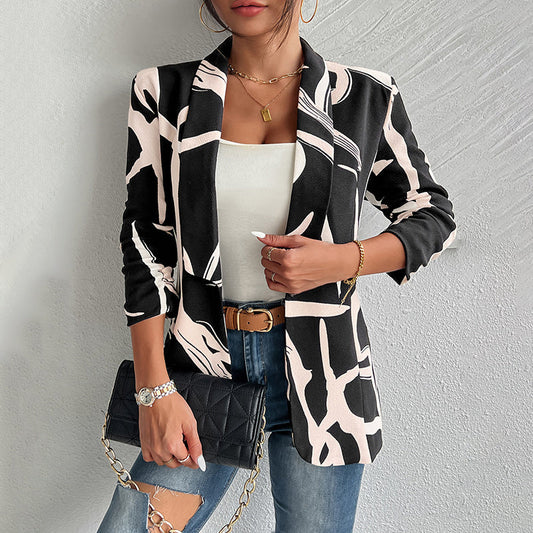 Women's Abstract Print Blazer Button Front Lapel Long Sleeve Office Blazer Elegant Work Jacket For Women CJ US