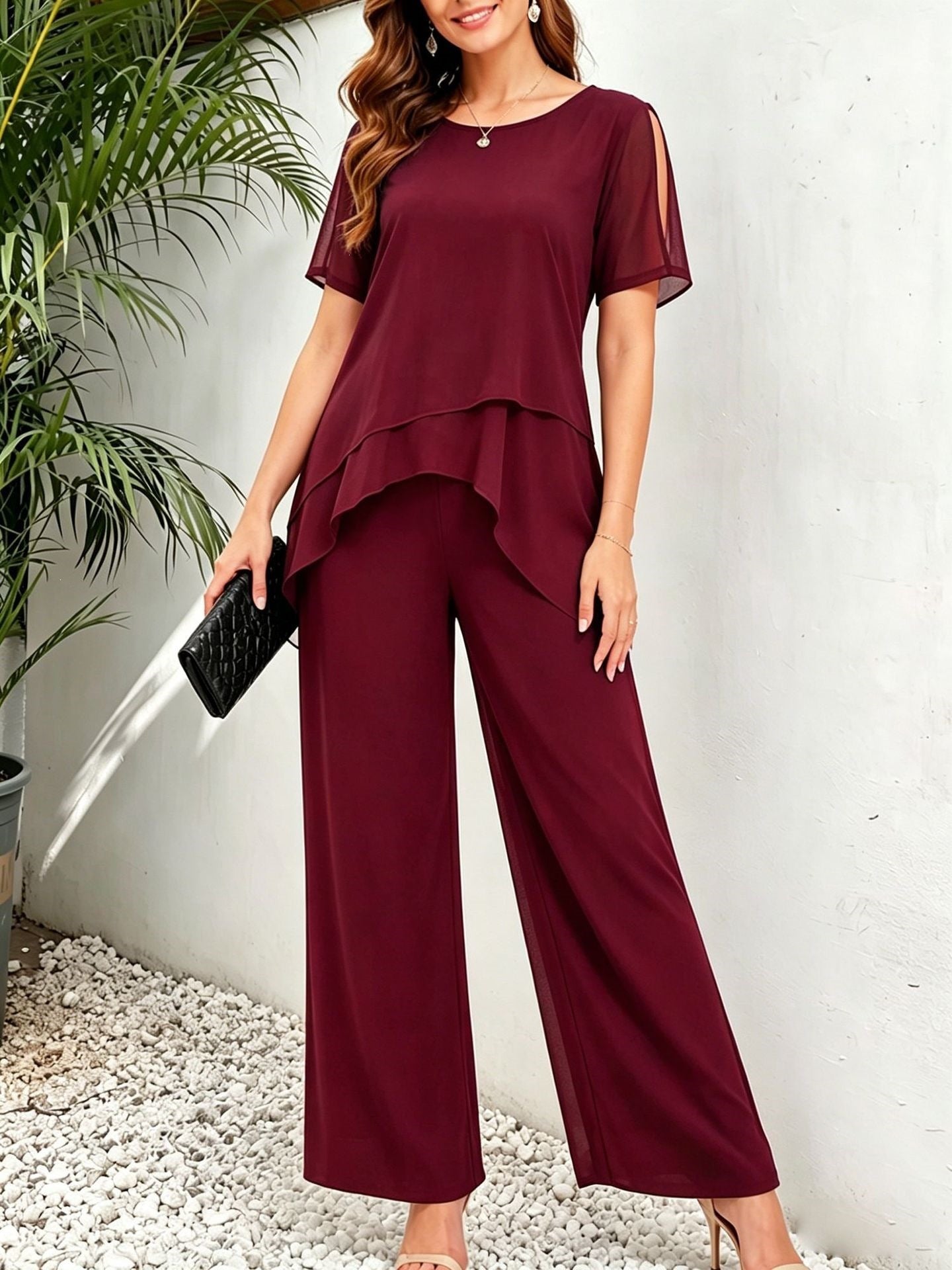 Irregular top wide leg long pants two-piece set