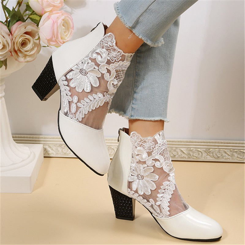 Women’s Lace-Embroidered Mesh Chunky-Heel Ankle Boots 
