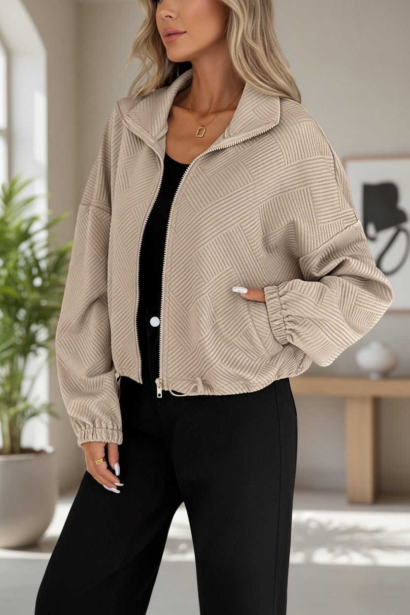 High neck zipper hem drawstring pocket women's loose jacket 