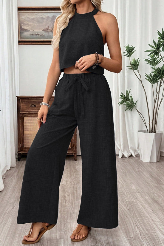 Neck-hanging Sleeveless Cropped Top And Wide-leg Pants Set 