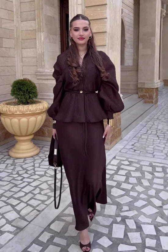 Chic V-Neck Fitted Long Sleeve Cardigan Top with High-Waisted Skirt Set for Women 