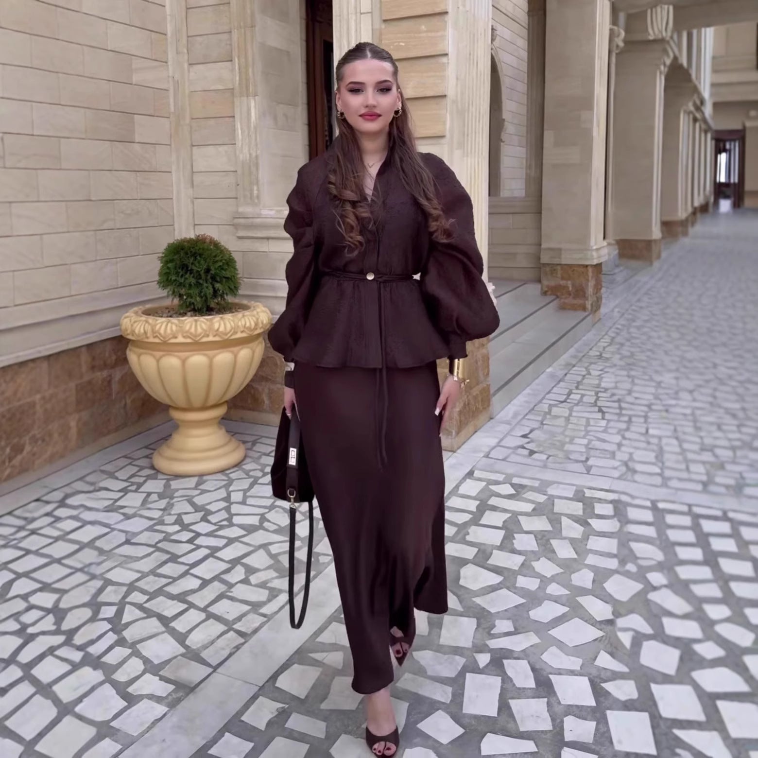 Chic V-Neck Fitted Long Sleeve Cardigan Top with High-Waisted Skirt Set for Women 