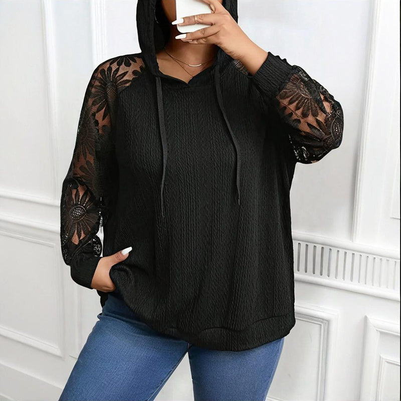 Women's Plus Size Hoodie Lace Long Sleeve Pullover Top, Fall Casual Drawstring Sweatshirt CJ US