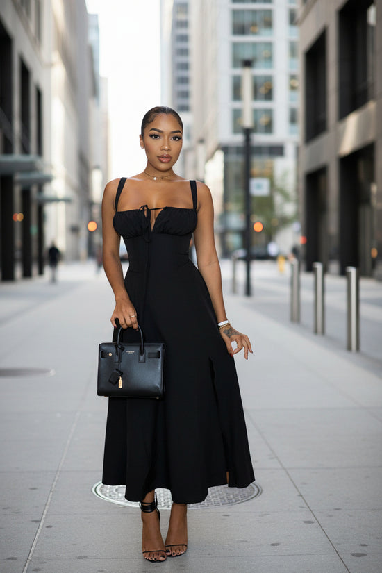 Womens Solid-Colored Bustier Slit Lace-Up Casual Dress 