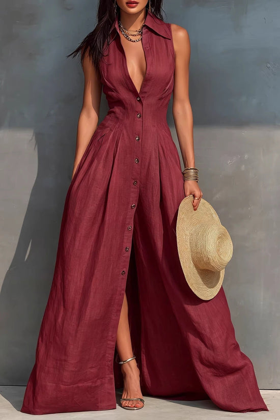High-waisted Lapel Shirt-style Maxi Dress 