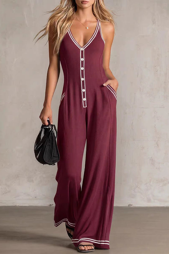Womens V-Neck Casual Loose Backless Wide-Leg Jumpsuit 