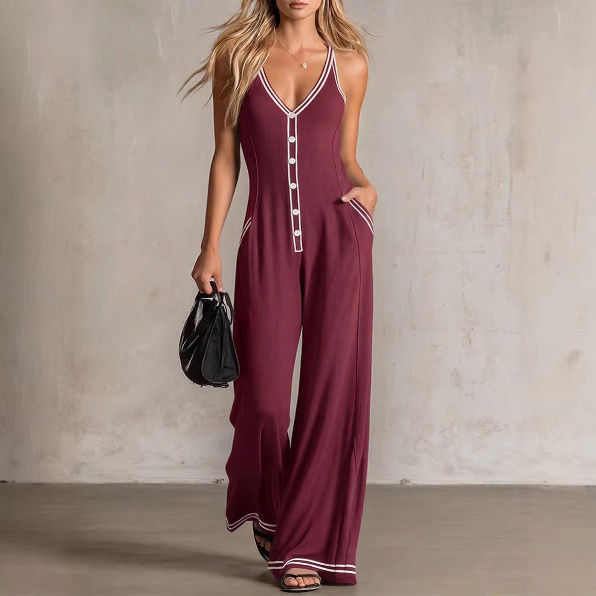 Womens V-Neck Casual Loose Backless Wide-Leg Jumpsuit 