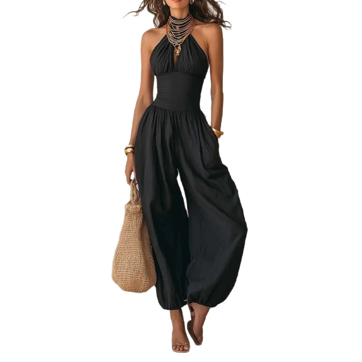 Slim-Fitting Body-Concealing Travel Halter Neck Sexy Casual Comfortable Jumpsuit 