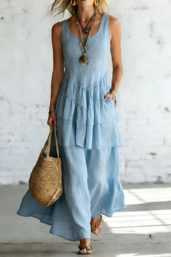 Cotton-linen Loose-fit Maxi Dress With A Sleeveless Design 