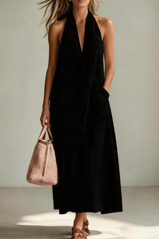 Cotton Halterneck Sleeveless Deep V-Neck Loose Straight-Line Dress 