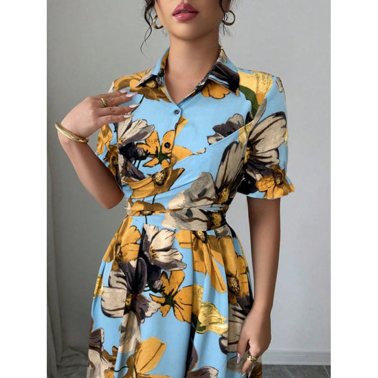Womens Blouse-collar Puff-sleeve Cross-tie Waist Printed Dress 