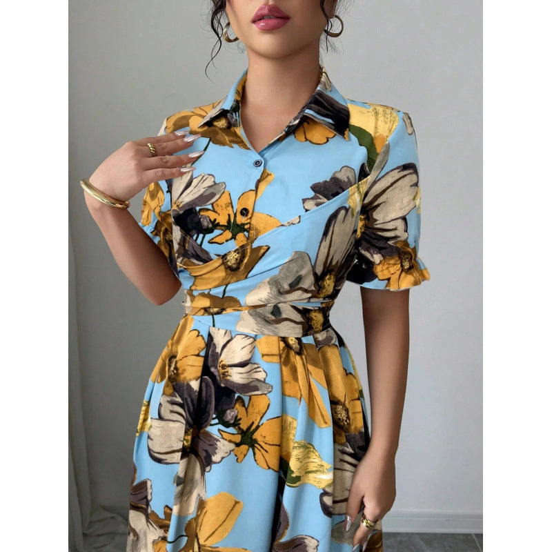 Womens Blouse-collar Puff-sleeve Cross-tie Waist Printed Dress 