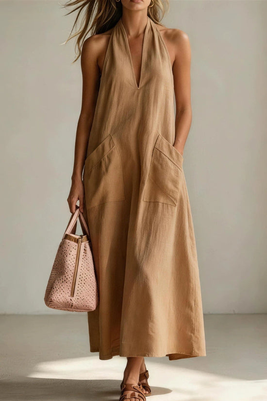 Cotton Halterneck Sleeveless Deep V-Neck Loose Straight-Line Dress 